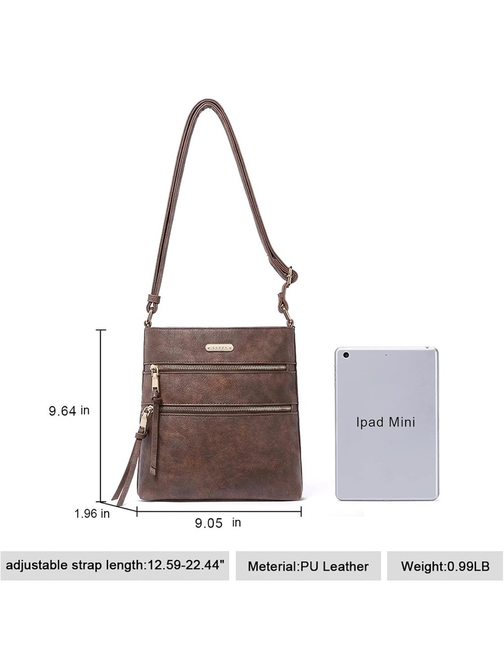CLUCI Coffee Brown Multi-Zip Crossbody Bag - Picture 3 of 6